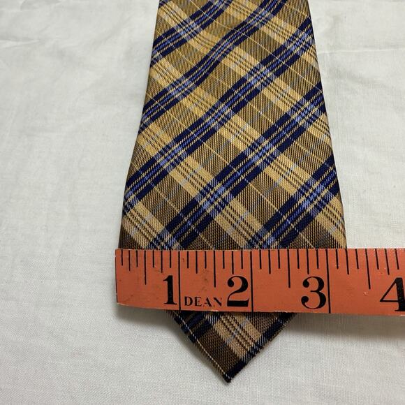 Countess Mara Silk Plaid Tie – Gold & Navy with Crown Crest - Picture 2 of 10
